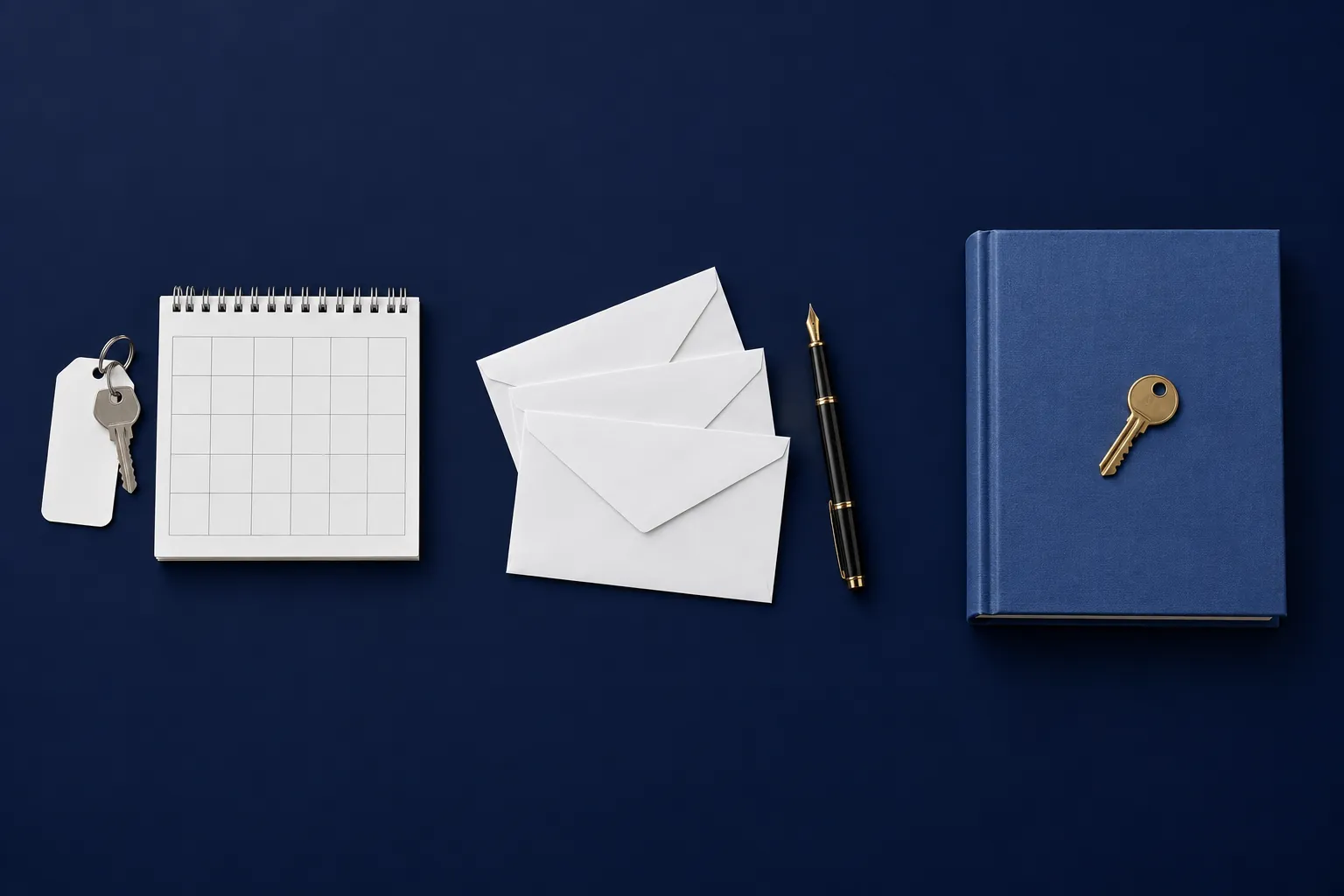 Three ways to acquire clinic equipment, shown as objects on a navy desk: a key and a calendar for renting, envelopes and a pen for leasing, and a key on a ledger for buying