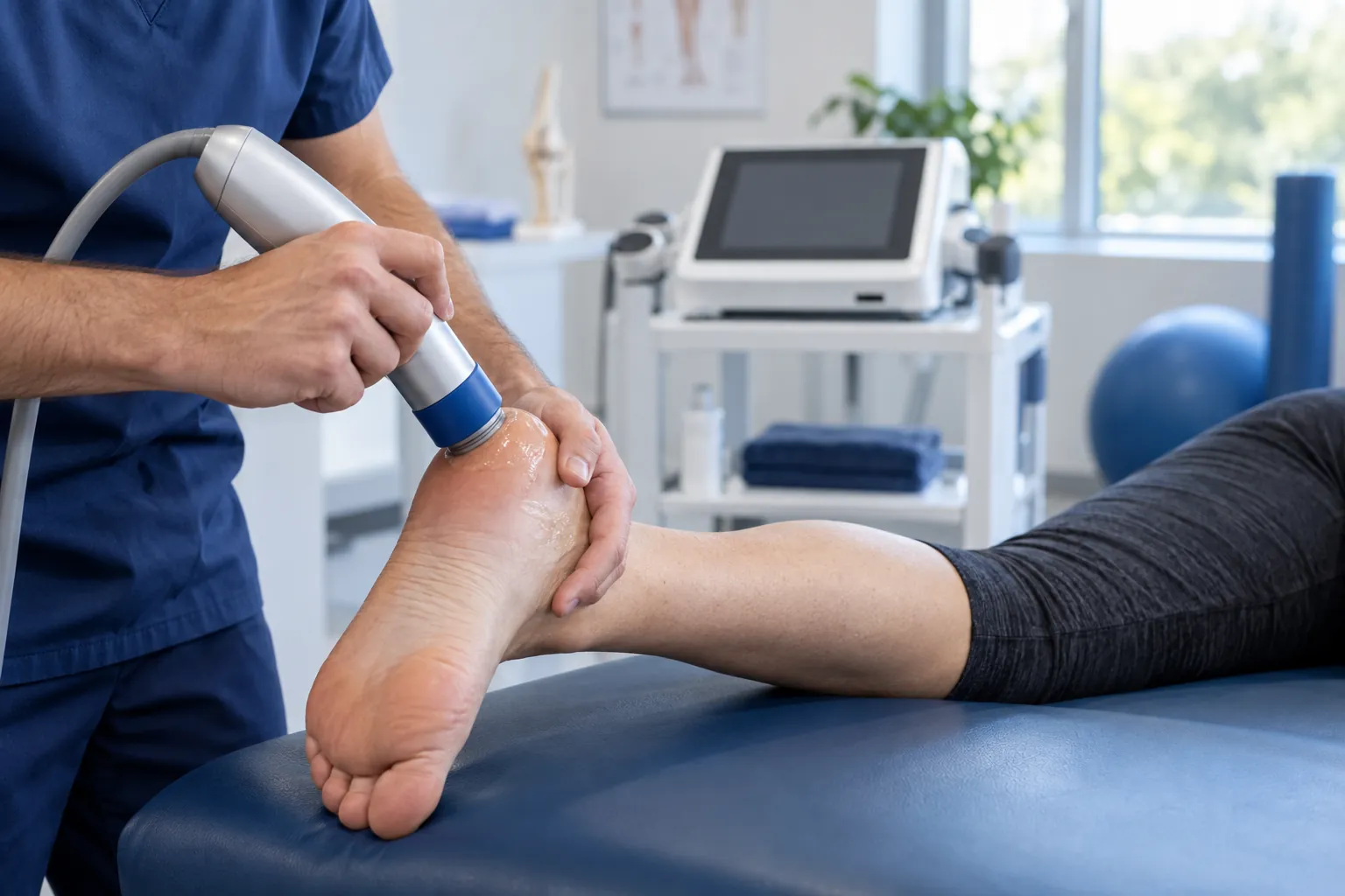 A clinician treats a patient's heel with a handheld radial shockwave applicator